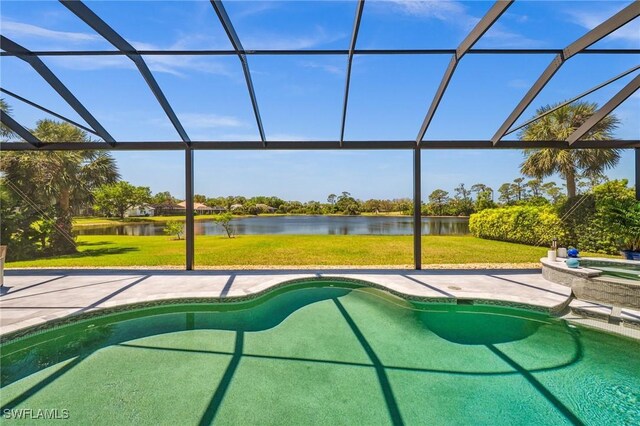 3911 Lakemont Dr, Bonita Springs, FL 34134 - pool with glass enclosure, a water view, a patio area, and a yard