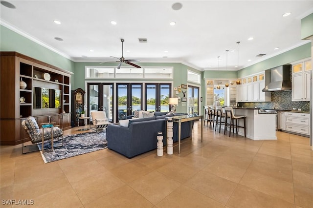 3911 Lakemont Dr, Bonita Springs, FL 34134 - living room featuring ceiling fan, visible vents, recessed lighting, and ornamental molding