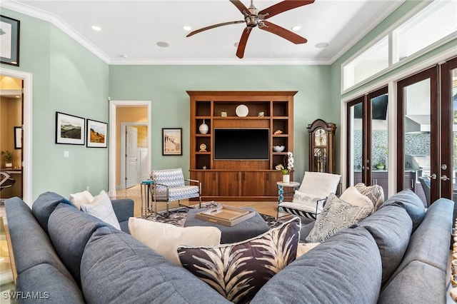 3911 Lakemont Dr, Bonita Springs, FL 34134 - living room with ceiling fan, french doors, recessed lighting, and crown molding