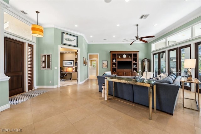 3911 Lakemont Dr, Bonita Springs, FL 34134 - living area featuring french doors, crown molding, ceiling fan, and visible vents