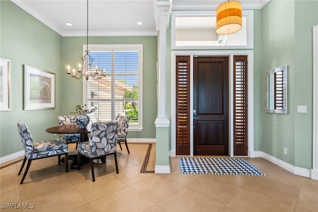3911 Lakemont Dr, Bonita Springs, FL 34134 - entryway with a notable chandelier, light tile patterned floors, baseboards, ornamental molding, and recessed lighting