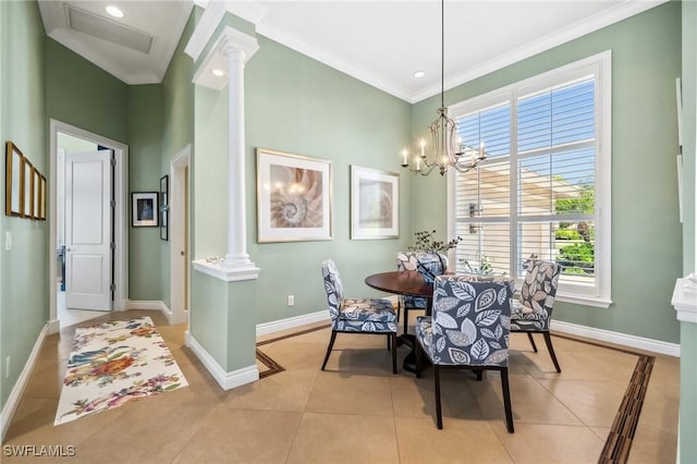 3911 Lakemont Dr, Bonita Springs, FL 34134 - dining room with baseboards, light tile patterned flooring, crown molding, and decorative columns
