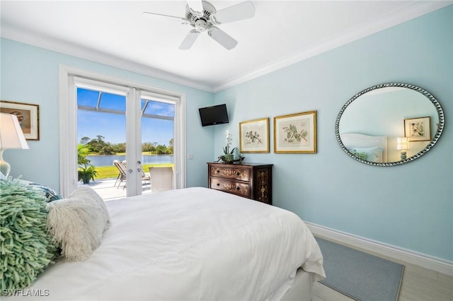 3911 Lakemont Dr, Bonita Springs, FL 34134 - bedroom featuring crown molding, baseboards, access to outside, a ceiling fan, and french doors
