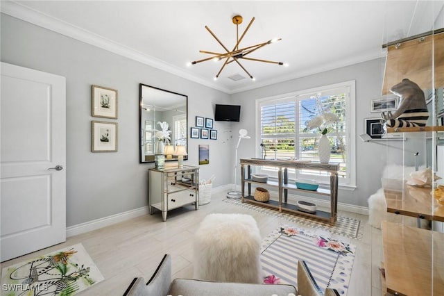 3911 Lakemont Dr, Bonita Springs, FL 34134 - interior space featuring baseboards, a notable chandelier, light wood-style floors, and crown molding