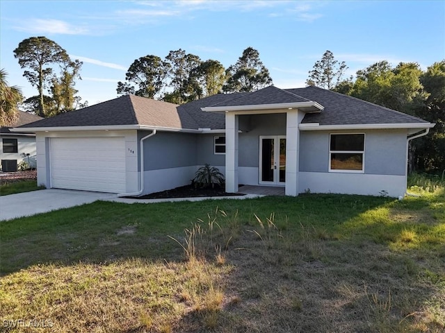 150 Bell Blvd S, Lehigh Acres, FL 33974 - single story home featuring french doors, stucco siding, a front yard, and a garage