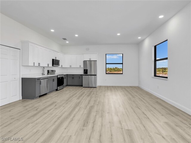 633 Cane St E, Lehigh Acres, FL 33974 - kitchen with appliances with stainless steel finishes, light countertops, light wood-style floors, recessed lighting, and gray cabinetry