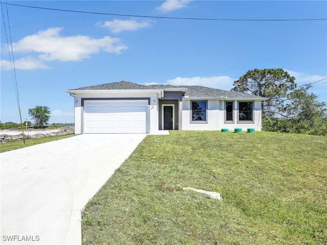 633 Cane St E, Lehigh Acres, FL 33974 - view of front of home with a garage, concrete driveway, stucco siding, a front lawn, and roof with shingles