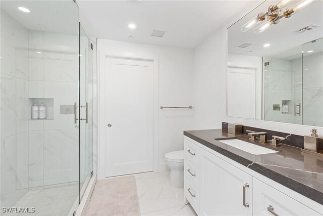13945 Old Coast Rd Unit 406, Naples, FL 34110 - full bath with toilet, a marble finish shower, vanity, marble look tiles, and recessed lighting