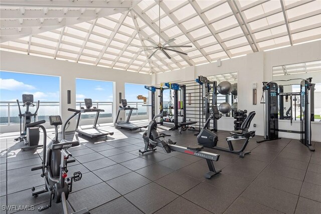 13945 Old Coast Rd Unit 406, Naples, FL 34110 - workout area featuring high vaulted ceiling and beamed ceiling