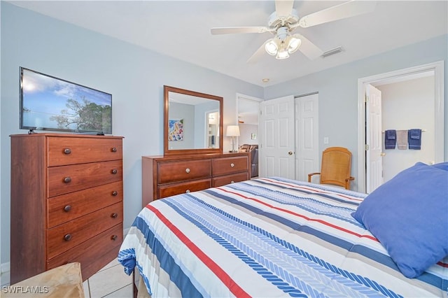bedroom with a closet, visible vents, and a ceiling fan