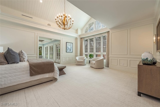 4300 Brynwood Dr, Naples, FL 34119 - carpeted bedroom with access to outside, a decorative wall, high vaulted ceiling, wooden ceiling, and a notable chandelier