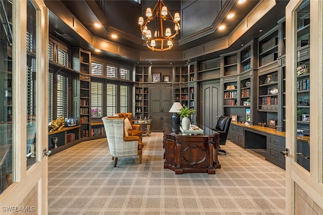 4300 Brynwood Dr, Naples, FL 34119 - office area with light carpet, built in study area, ornamental molding, and recessed lighting