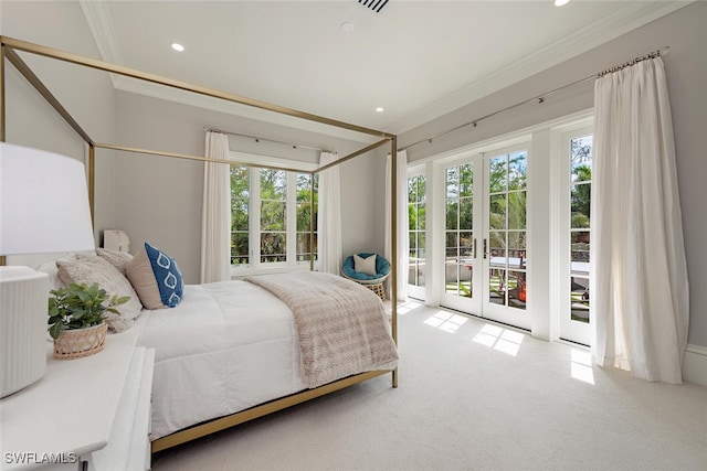 4300 Brynwood Dr, Naples, FL 34119 - carpeted bedroom with french doors, ornamental molding, access to exterior, and recessed lighting