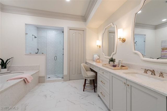 4300 Brynwood Dr, Naples, FL 34119 - bathroom with vanity, ornamental molding, a stall shower, marble finish floor, and a garden tub