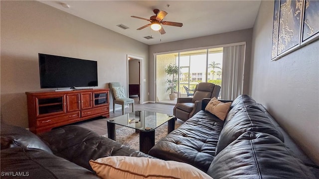 14512 Abaco Lakes Dr Unit 103, Fort Myers, FL 33908 - living room featuring wood finished floors, lofted ceiling, ceiling fan, and visible vents