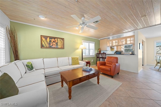 living area with light tile patterned floors, ornamental molding, wooden ceiling, visible vents, and ceiling fan