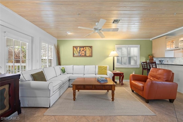 living room featuring tile patterned floors, wood ceiling, crown molding, and visible vents