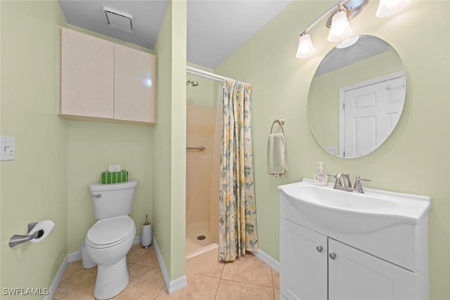 full bath with a stall shower, toilet, vanity, tile patterned flooring, and visible vents