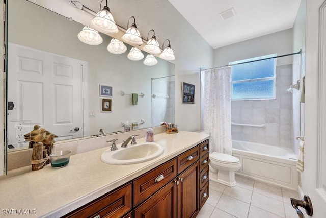 17150 Scout Camp Rd, Alva, FL 33920 - bathroom with shower / bath combo, visible vents, toilet, vanity, and tile patterned flooring