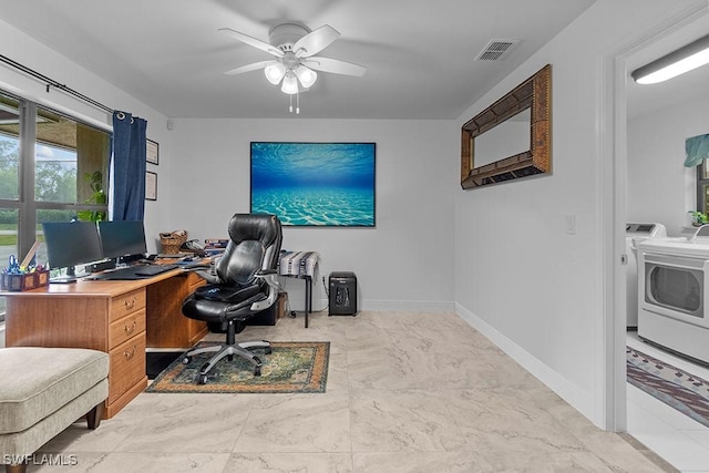 7090 Hendry Creek Dr, Fort Myers, FL 33908 - office area with marble finish floor, a ceiling fan, baseboards, and visible vents
