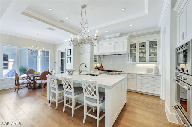 kitchen featuring a center island with sink, a tray ceiling, a sink, a notable chandelier, and stainless steel appliances