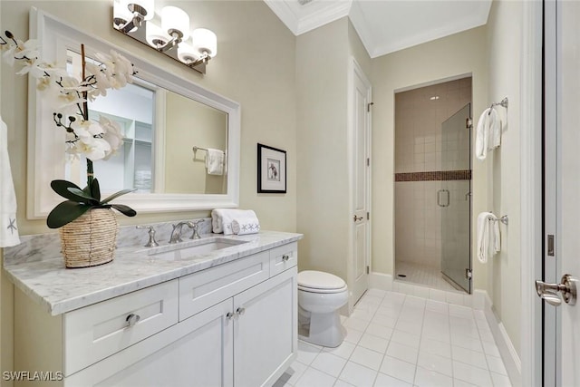 bathroom featuring crown molding, tile patterned flooring, vanity, toilet, and a stall shower