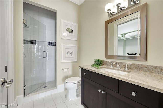 full bathroom with vanity, tile patterned floors, toilet, and a shower stall