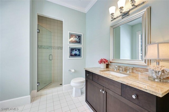 full bath with toilet, baseboards, a shower stall, and tile patterned flooring