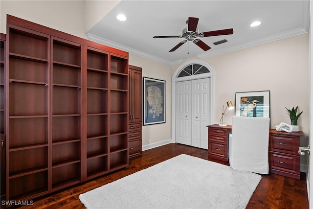 11476 Quail Village Way, Naples, FL 34119 - sitting room featuring crown molding, a ceiling fan, dark wood-style floors, and recessed lighting