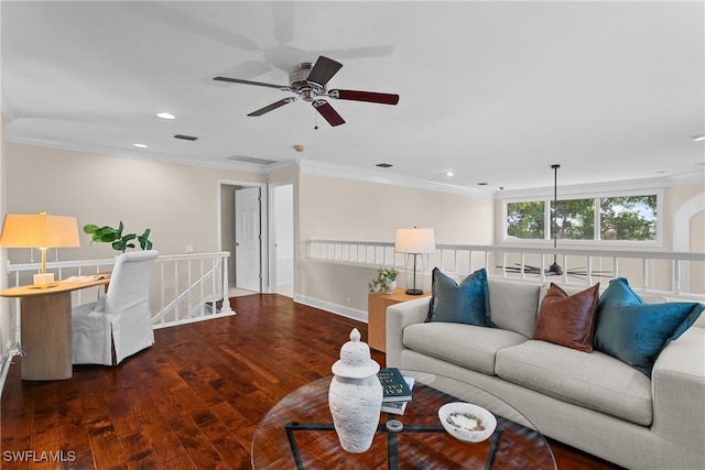 11476 Quail Village Way, Naples, FL 34119 - living room featuring ceiling fan, wood finished floors, ornamental molding, and recessed lighting