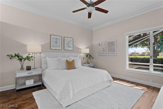 11476 Quail Village Way, Naples, FL 34119 - bedroom featuring crown molding, wood finished floors, and a ceiling fan