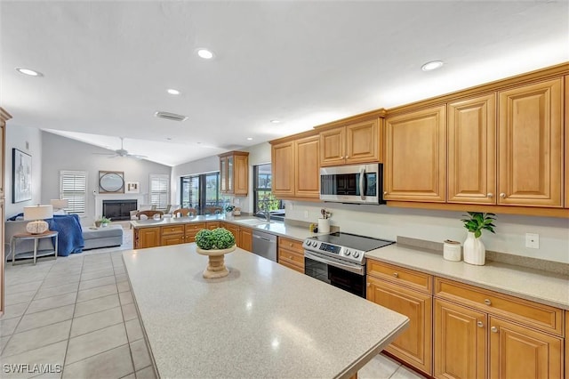 28389 Verde Ln, Bonita Springs, FL 34135 - kitchen with stainless steel appliances, a fireplace, open floor plan, a peninsula, and lofted ceiling