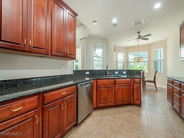 7826 Martino Cir, Naples, FL 34112 - kitchen with stainless steel dishwasher, a sink, visible vents, a ceiling fan, and a peninsula