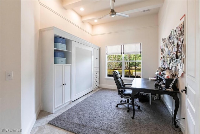 office featuring a ceiling fan, light tile patterned floors, baseboards, visible vents, and recessed lighting