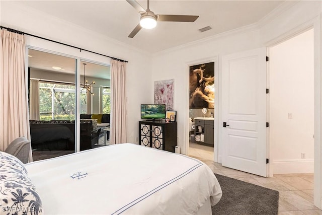 bedroom with access to exterior, crown molding, ceiling fan with notable chandelier, baseboards, and visible vents