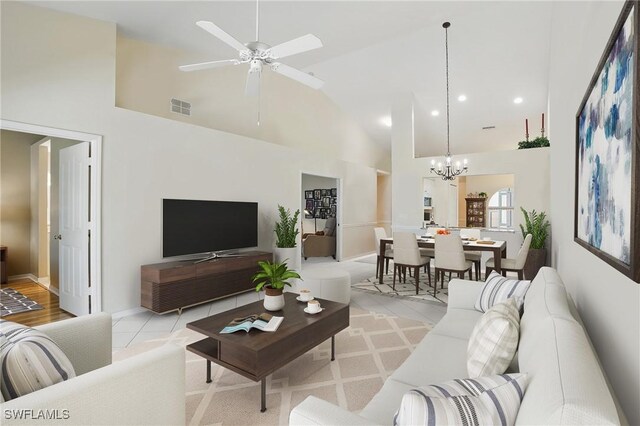 6103 Thresher Dr Unit 102, Naples, FL 34112 - living area with high vaulted ceiling, a chandelier, ceiling fan, and recessed lighting
