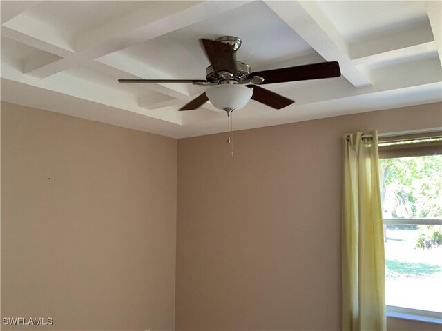 3817 NW 46th St, Cape Coral, FL 33993 - detailed view of coffered ceiling, beamed ceiling, and a ceiling fan