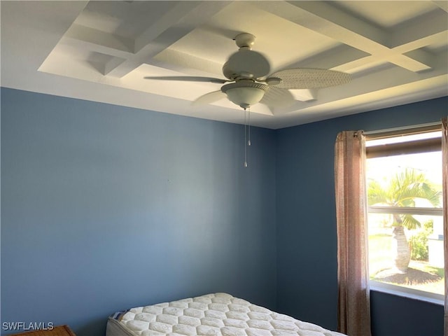 3817 NW 46th St, Cape Coral, FL 33993 - bedroom featuring coffered ceiling, beam ceiling, and a ceiling fan