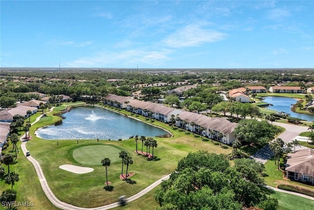 bird's eye view featuring a residential view, view of golf course, and a water view