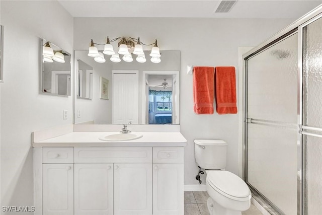 bathroom featuring vanity, tile patterned flooring, toilet, a shower stall, and visible vents