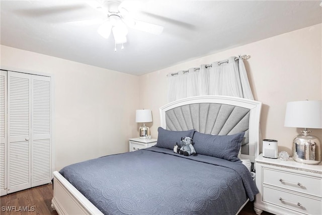 bedroom with a closet, ceiling fan, and dark wood-style flooring