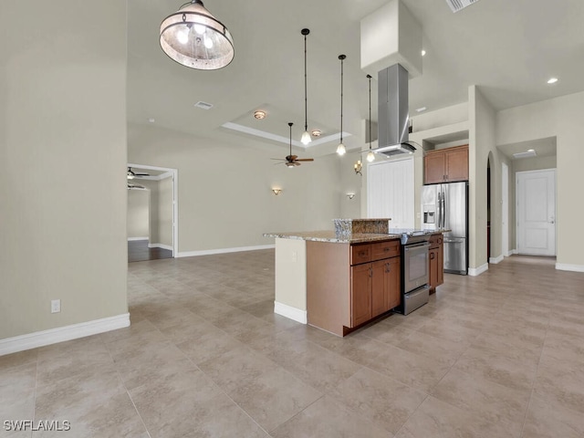 866 Cal Cove Dr, Fort Myers, FL 33919 - kitchen featuring a center island, island exhaust hood, a ceiling fan, and stainless steel appliances