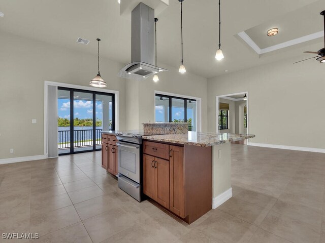 866 Cal Cove Dr, Fort Myers, FL 33919 - kitchen with brown cabinetry, electric range, visible vents, open floor plan, and island range hood