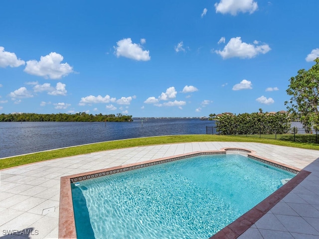 866 Cal Cove Dr, Fort Myers, FL 33919 - view of swimming pool with a water view, a yard, a patio area, fence, and a fenced in pool