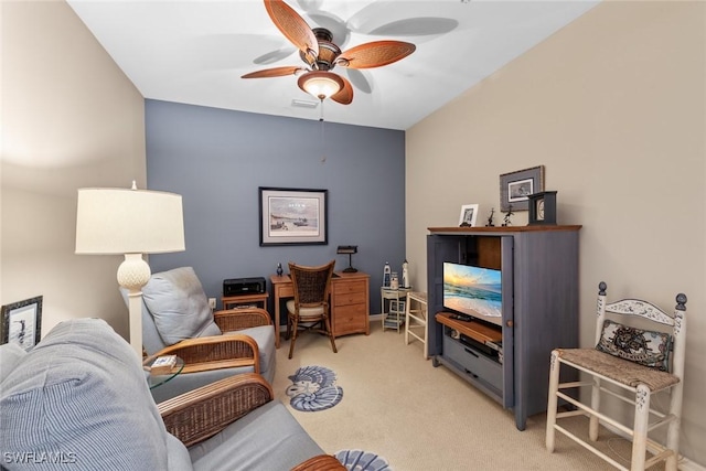 14543 Abaco Lakes Dr Unit 103, Fort Myers, FL 33908 - living room featuring ceiling fan, carpet, and a desk