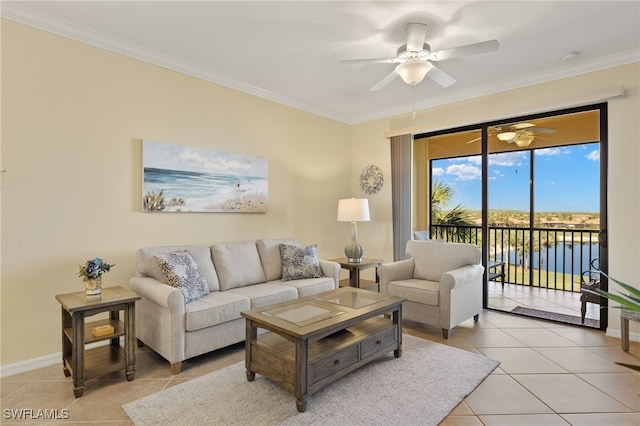 17991 Bonita National Blvd Unit 843, Bonita Springs, FL 34135 - living area with a ceiling fan, light tile patterned flooring, crown molding, and baseboards