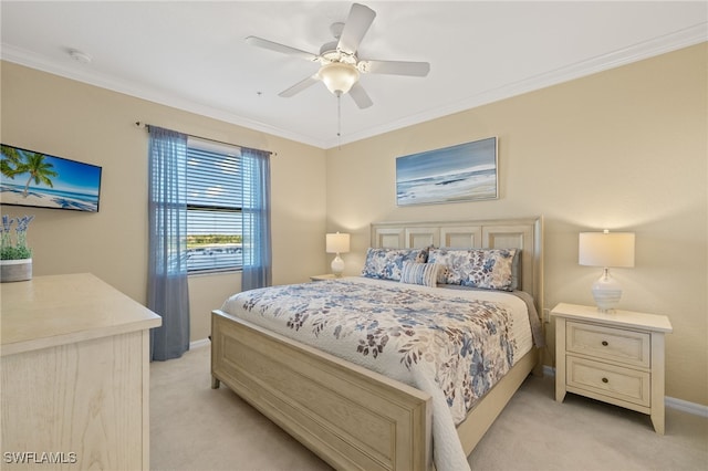 17991 Bonita National Blvd Unit 843, Bonita Springs, FL 34135 - bedroom with light colored carpet, crown molding, baseboards, and a ceiling fan