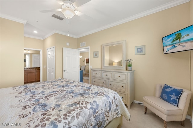 17991 Bonita National Blvd Unit 843, Bonita Springs, FL 34135 - bedroom with crown molding, light carpet, connected bathroom, recessed lighting, and a ceiling fan