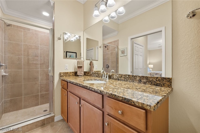 17991 Bonita National Blvd Unit 843, Bonita Springs, FL 34135 - full bathroom with ornamental molding, a stall shower, tile patterned floors, and vanity
