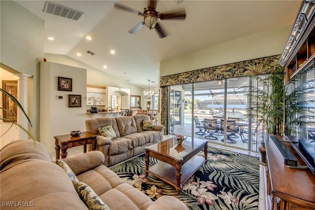 3914 SW 17th Ave, Cape Coral, FL 33914 - living area with lofted ceiling, recessed lighting, decorative columns, ceiling fan with notable chandelier, and visible vents
